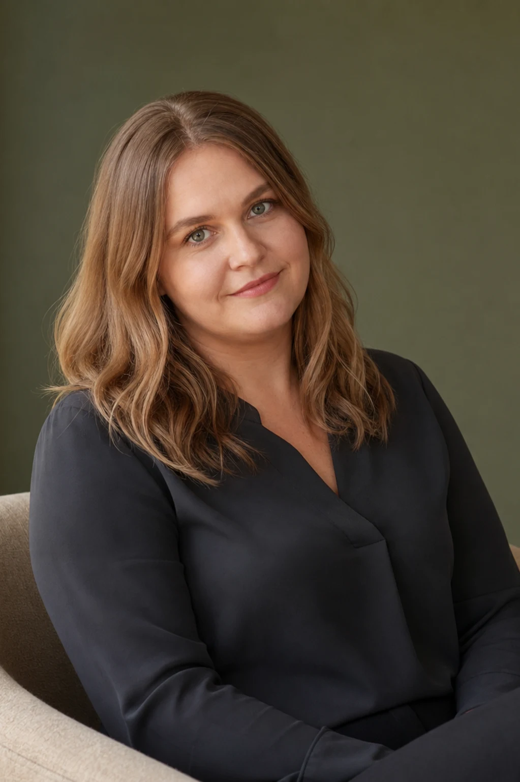 Klaudia Jaros siedząca w fotelu i uśmiechająca się do obiektywu
